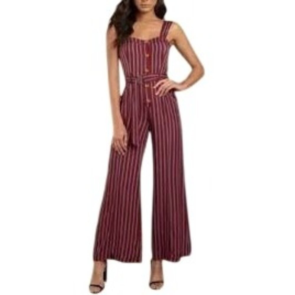 Free People City Girl Striped Red & Blue Wide-Leg Jumpsuit Button-Front Size 2